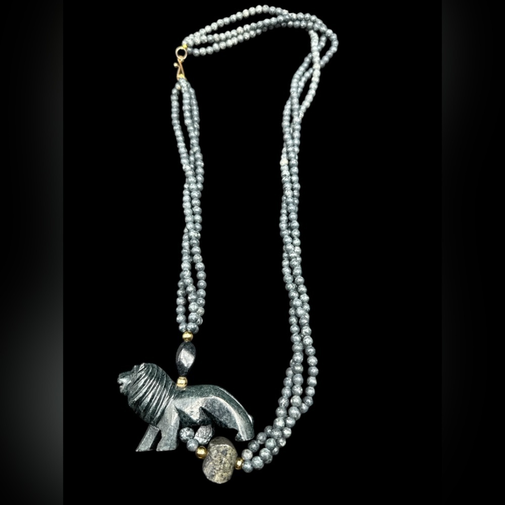 Vintage Shungite and Snowflake Obsidian Lion Multi Strand Necklace 30” - Picture 2 of 5